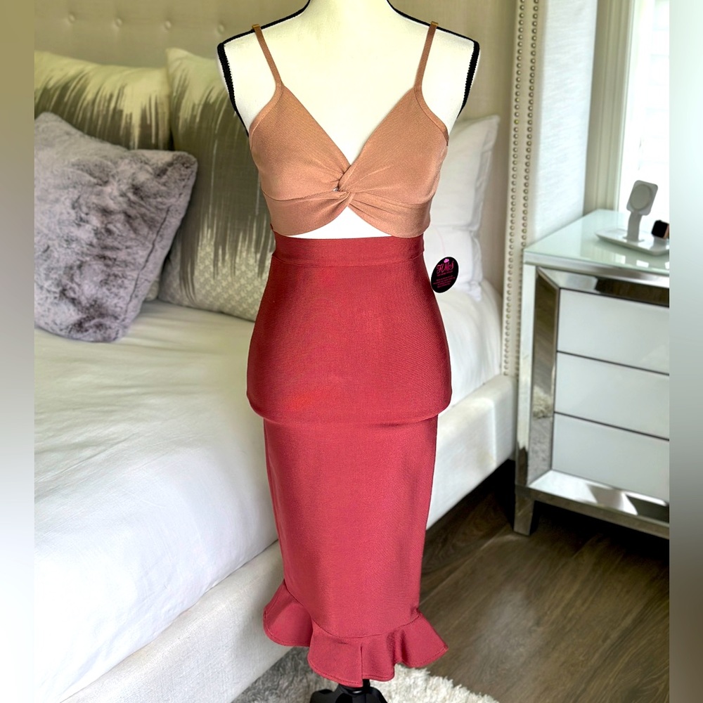 Bandage Dress - Tan & Wine-Red - Picture 1 of 4